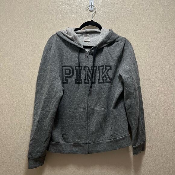 Victoria's Secret PINK Gray Full Zup Fleece Lined Hooded Jacket Size Large - Picture 2 of 9